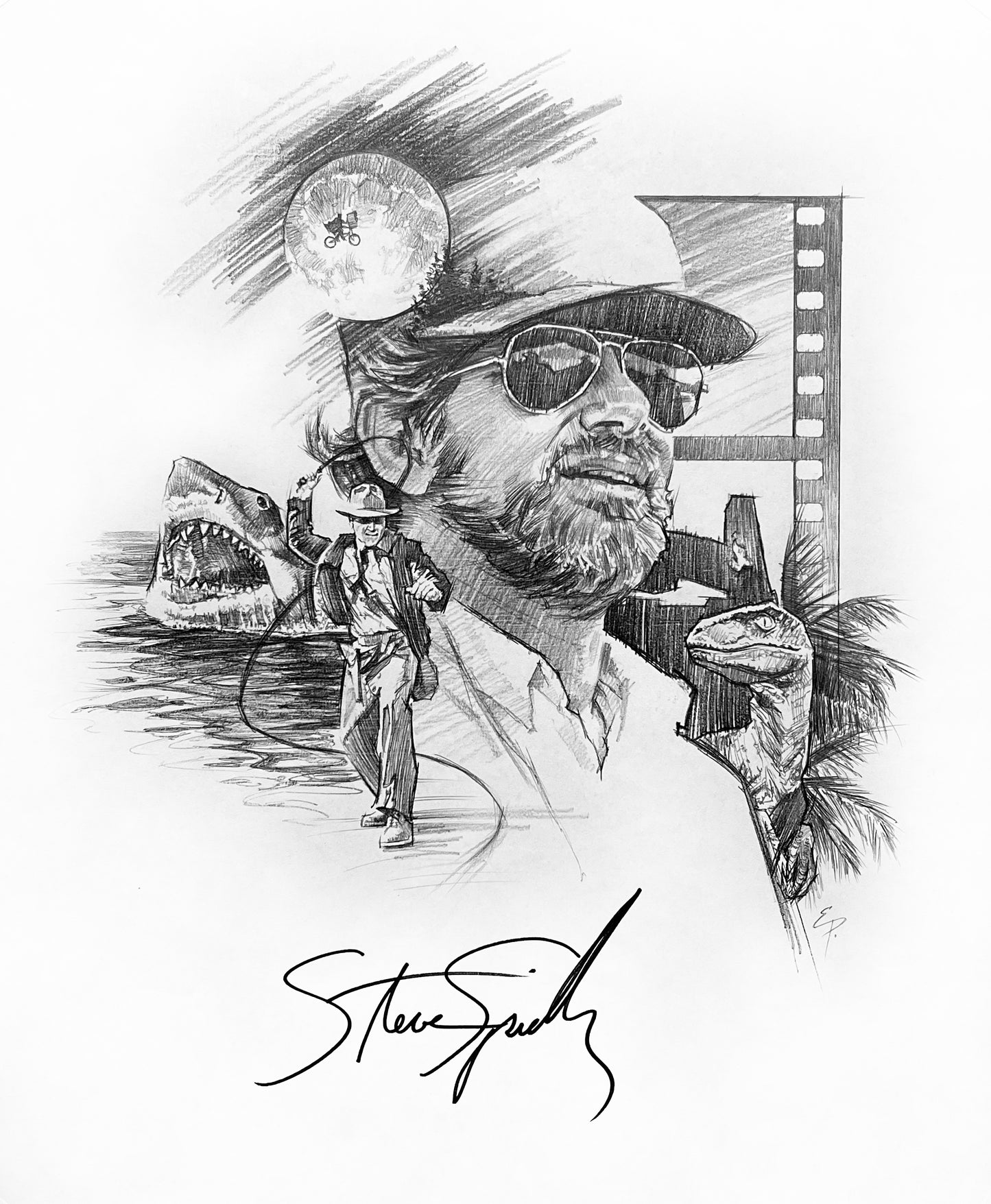 Steven Spielberg Tribute Original Sketch with authentic autograph